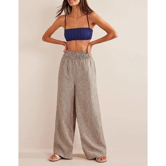Boden Linen Shirred Waist Trousers Wide Leg Women 6R Camel Black Stripe Pull On - Picture 3 of 16